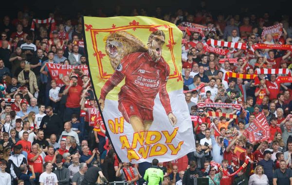 EDINBURGH, SCOTLAND - Sunday, July 28, 2019: Liverpool supporters with a flag featuring Andy Robertson before a pre-season friendly match between Liverpool FC and SSC Napoli at Murrayfield Stadium. (Pic by David Rawcliffe/Propaganda)