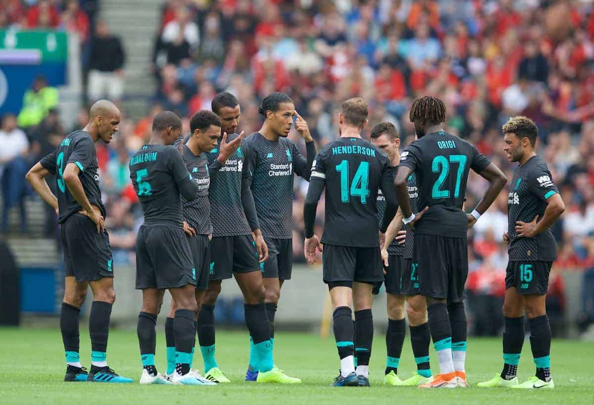 EDINBURGH, SCOTLAND - Sunday, July 28, 2019: Liverpool players have a group chat after going 2-0 down to Napoli during a pre-season friendly match between Liverpool FC and SSC Napoli at Murrayfield Stadium. (Pic by David Rawcliffe/Propaganda)