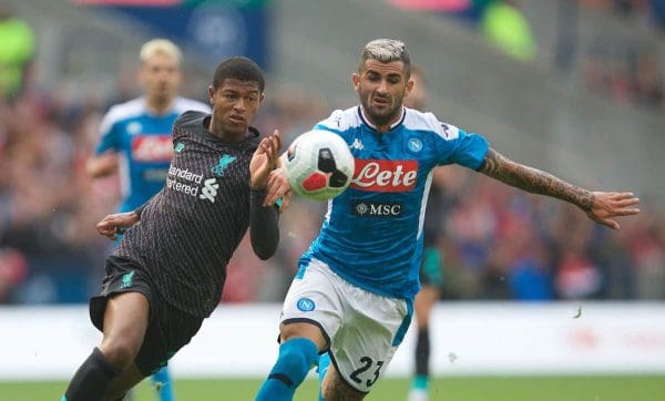 EDINBURGH, SCOTLAND - Sunday, July 28, 2019: Liverpool's Rhian Brewster (L) and SSC Napoli's Elseid Hysaj during a pre-season friendly match between Liverpool FC and SSC Napoli at Murrayfield Stadium. (Pic by David Rawcliffe/Propaganda)