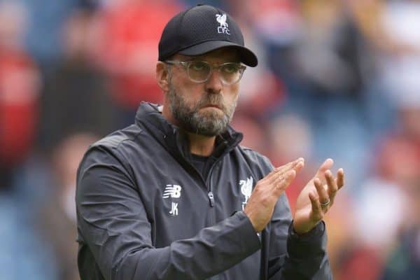 EDINBURGH, SCOTLAND - Sunday, July 28, 2019: Liverpool's manager Jürgen Klopp applaud the supporters after a pre-season friendly match between Liverpool FC and SSC Napoli at Murrayfield Stadium. Liverpool lost 3-0. (Pic by David Rawcliffe/Propaganda)