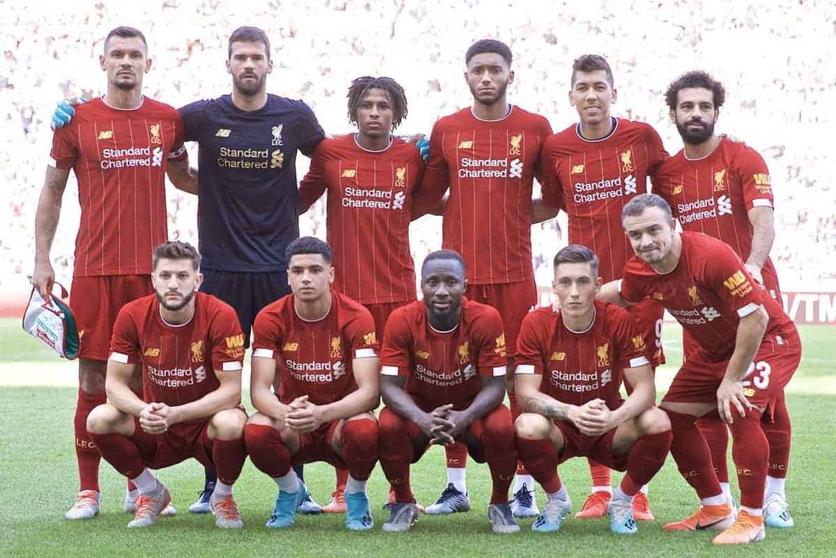 GENEVA, SWITZERLAND - Wednesday, July 31, 2019: Liverpool's players line-up for a team group photograph before a pre-season friendly match between Liverpool FC and Olympique Lyonnais at Stade de Genève. Front row L-R: captain Dejan Lovren, goalkeeper Alisson Becker, Yasser Larouci, Joe Gomez, Roberto Firmino, Mohamed Salah. Front row L-R: Adam Lallana, Ki-Jana Hoever, Naby Keita, Harry Wilson, Xherdan Shaqiri. (Pic by David Rawcliffe/Propaganda)