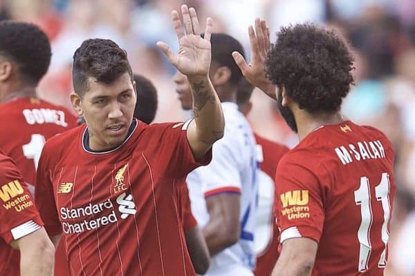 GENEVA, SWITZERLAND - Wednesday, July 31, 2019: Liverpool's Roberto Firmino celebrates scoring the first equalising goal during a pre-season friendly match between Liverpool FC and Olympique Lyonnais at Stade de Genève. (Pic by David Rawcliffe/Propaganda)