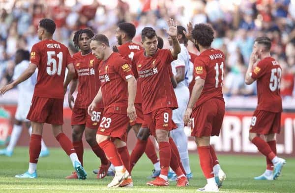 GENEVA, SWITZERLAND - Wednesday, July 31, 2019: Liverpool's Roberto Firmino celebrates scoring the first equalising goal during a pre-season friendly match between Liverpool FC and Olympique Lyonnais at Stade de Genève. (Pic by David Rawcliffe/Propaganda)