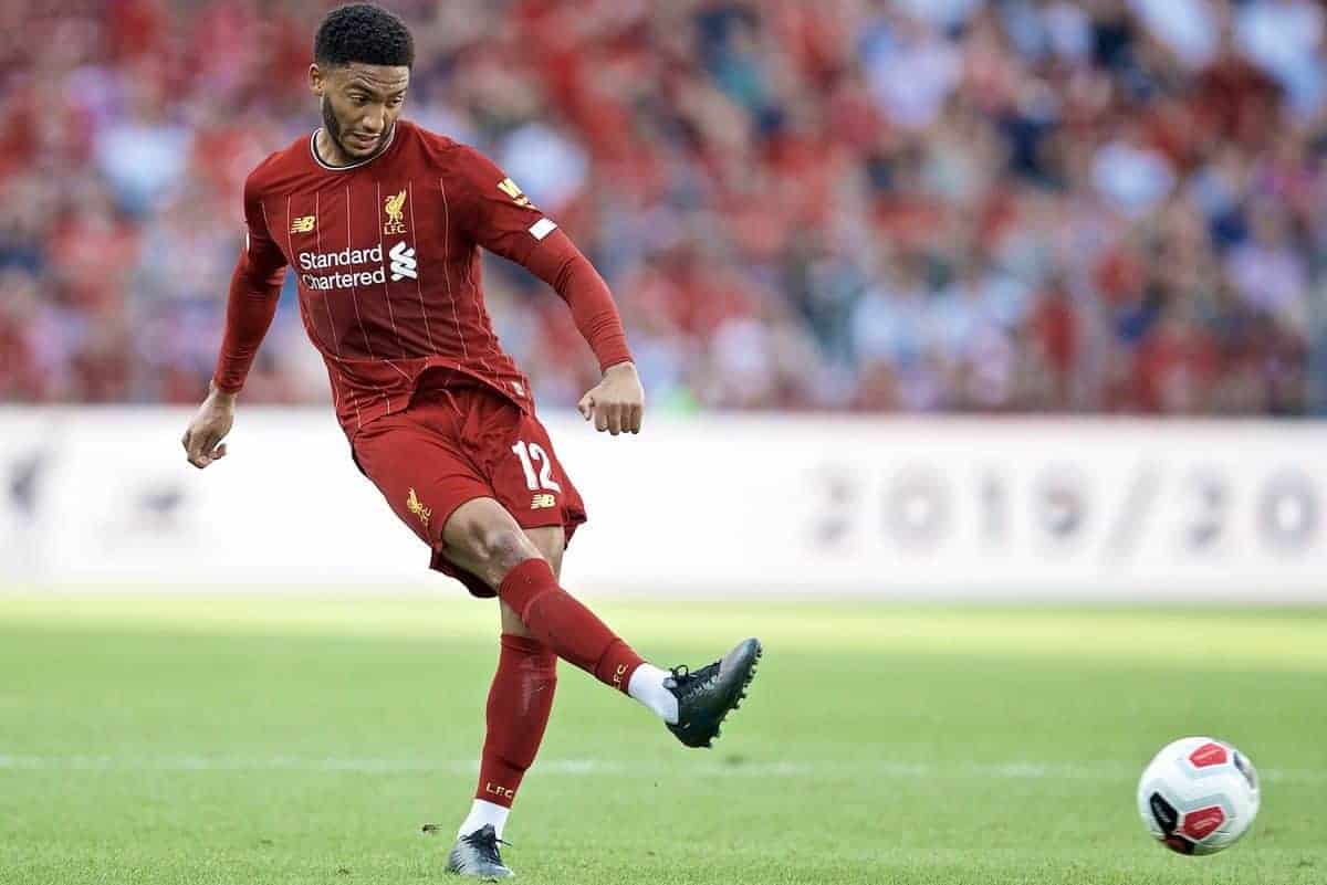 GENEVA, SWITZERLAND - Wednesday, July 31, 2019: Liverpool's Joe Gomez during a pre-season friendly match between Liverpool FC and Olympique Lyonnais at Stade de Genève. (Pic by David Rawcliffe/Propaganda)