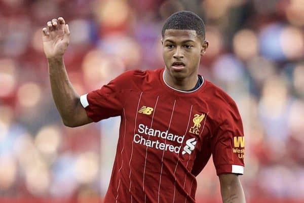 GENEVA, SWITZERLAND - Wednesday, July 31, 2019: Liverpool's Rhian Brewster during a pre-season friendly match between Liverpool FC and Olympique Lyonnais at Stade de Genève. (Pic by David Rawcliffe/Propaganda)