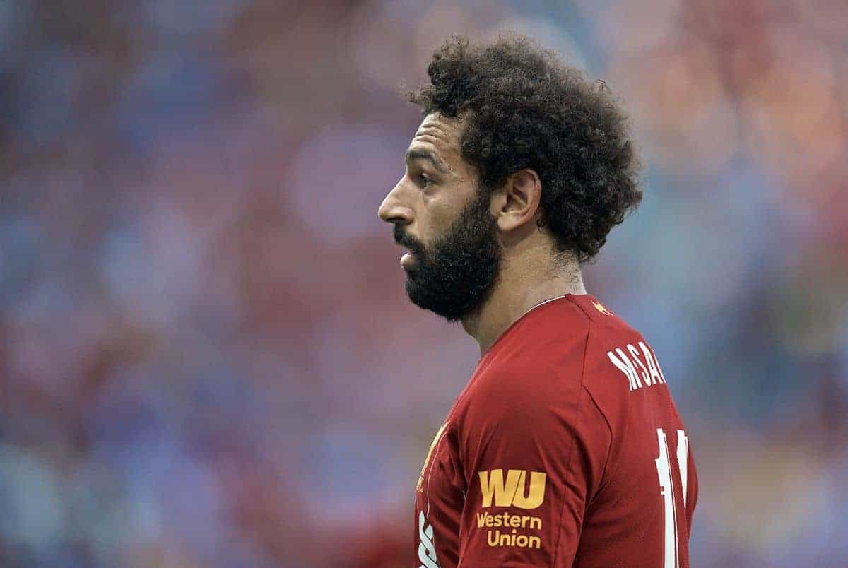 GENEVA, SWITZERLAND - Wednesday, July 31, 2019: Liverpool's Mohamed Salah during a pre-season friendly match between Liverpool FC and Olympique Lyonnais at Stade de Genève. (Pic by David Rawcliffe/Propaganda)