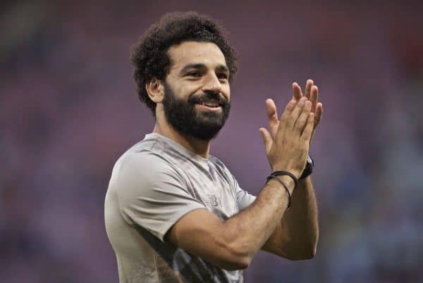 GENEVA, SWITZERLAND - Wednesday, July 31, 2019: Liverpool's Mohamed Salah applauds the supporters after a pre-season friendly match between Liverpool FC and Olympique Lyonnais at Stade de Genève. Liverpool won 3-1. (Pic by David Rawcliffe/Propaganda)