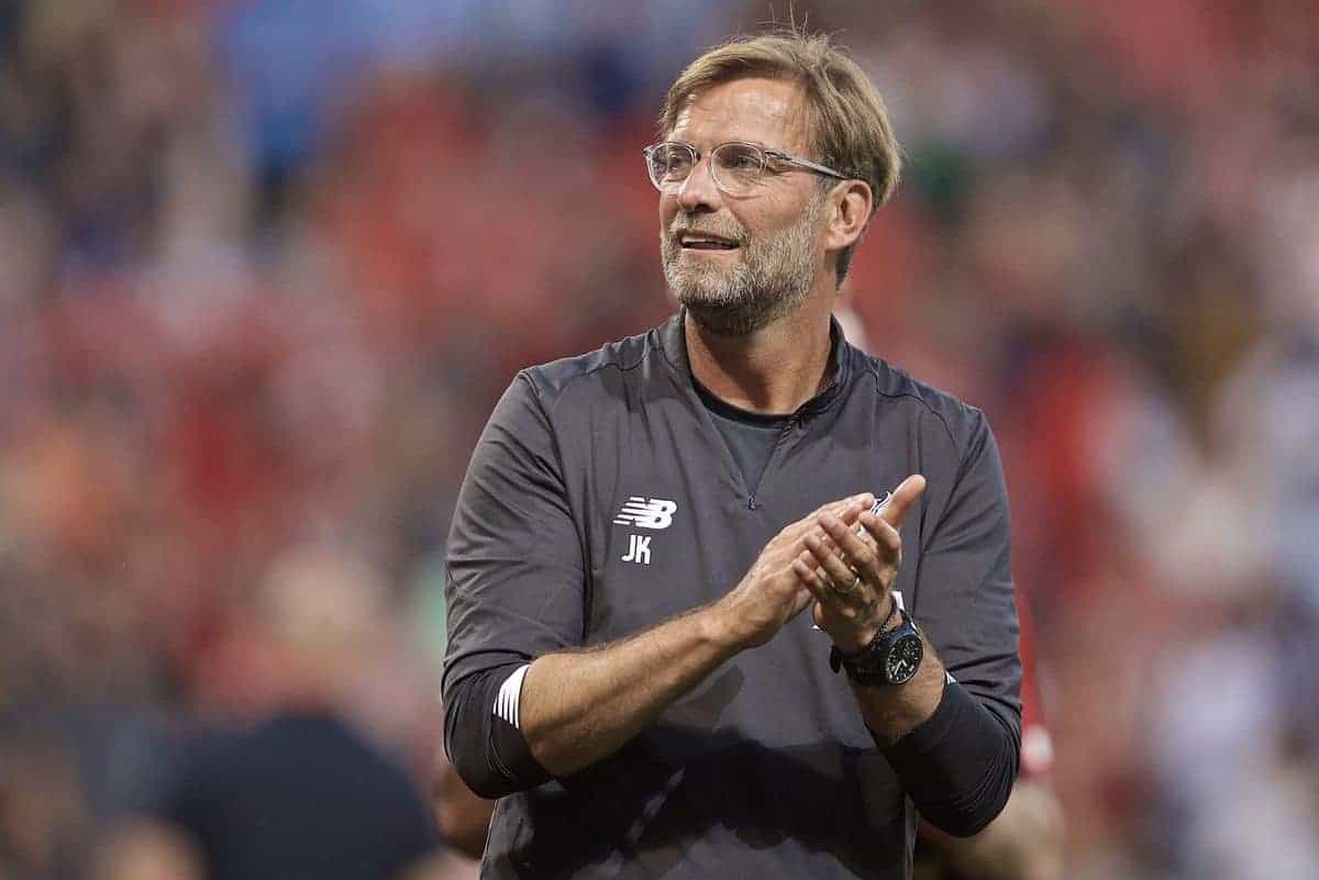 GENEVA, SWITZERLAND - Wednesday, July 31, 2019: Liverpool's manager Jürgen Klopp applauds the supporters after a pre-season friendly match between Liverpool FC and Olympique Lyonnais at Stade de Genève. Liverpool won 3-1. (Pic by David Rawcliffe/Propaganda)