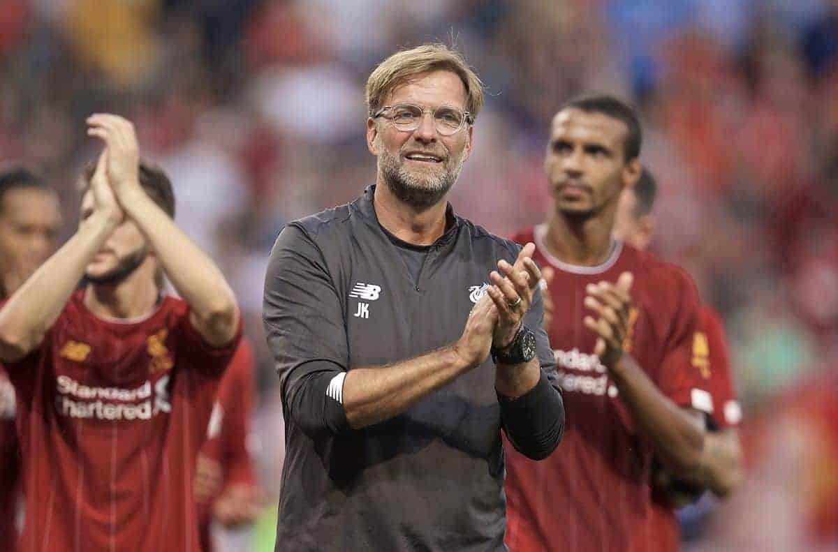 GENEVA, SWITZERLAND - Wednesday, July 31, 2019: Liverpool's manager Jürgen Klopp applauds the supporters after a pre-season friendly match between Liverpool FC and Olympique Lyonnais at Stade de Genève. Liverpool won 3-1. (Pic by David Rawcliffe/Propaganda)