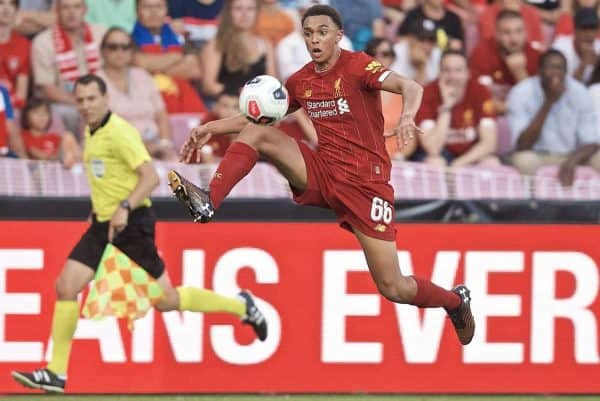 GENEVA, SWITZERLAND - Wednesday, July 31, 2019: Liverpool's Trent Alexander-Arnold during a pre-season friendly match between Liverpool FC and Olympique Lyonnais at Stade de Genève. (Pic by David Rawcliffe/Propaganda)