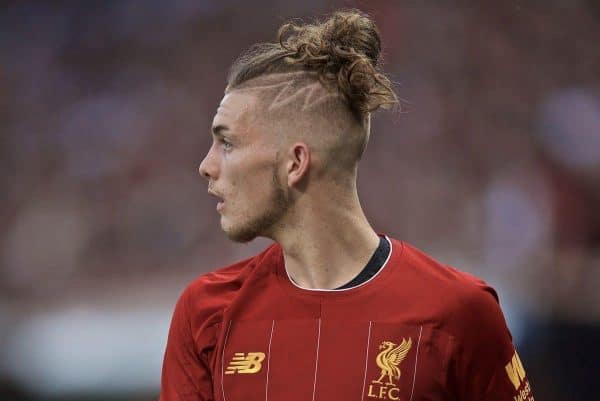 GENEVA, SWITZERLAND - Wednesday, July 31, 2019: Liverpool's Harvey Elliott during a pre-season friendly match between Liverpool FC and Olympique Lyonnais at Stade de Genève. (Pic by David Rawcliffe/Propaganda)