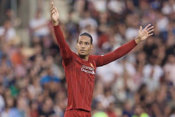 GENEVA, SWITZERLAND - Wednesday, July 31, 2019: Liverpool's Virgil van Dijk during a pre-season friendly match between Liverpool FC and Olympique Lyonnais at Stade de Genève. (Pic by David Rawcliffe/Propaganda)