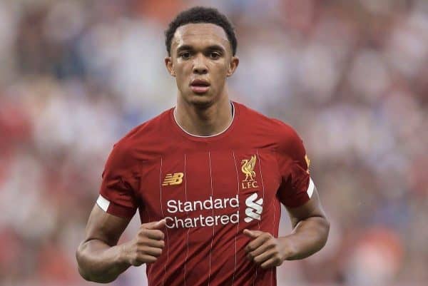 GENEVA, SWITZERLAND - Wednesday, July 31, 2019: Liverpool's Trent Alexander-Arnold during a pre-season friendly match between Liverpool FC and Olympique Lyonnais at Stade de Genève. (Pic by David Rawcliffe/Propaganda)