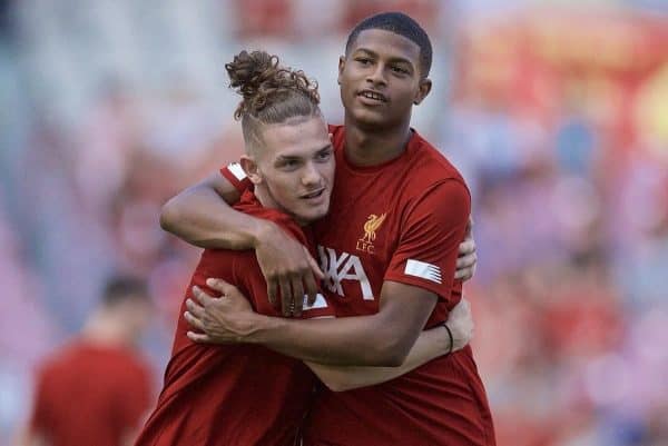 GENEVA, SWITZERLAND - Wednesday, July 31, 2019: Liverpool's Harvey Elliott (L) and Rhian Brewster during the pre-match warm-up before a pre-season friendly match between Liverpool FC and Olympique Lyonnais at Stade de Genève. (Pic by David Rawcliffe/Propaganda)
