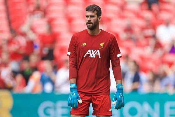 LONDON, ENGLAND - Sunday, August 4, 2019: Liverpool's goalkeeper Alisson Becker during the pre-match warm-up before the FA Community Shield match between Manchester City FC and Liverpool FC at Wembley Stadium. (Pic by David Rawcliffe/Propaganda)