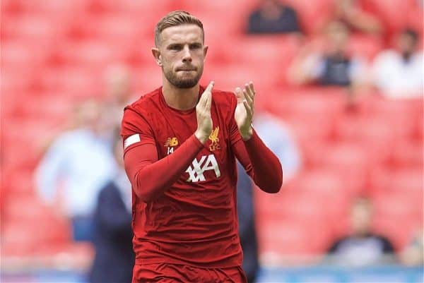 LONDON, ENGLAND - Sunday, August 4, 2019: Liverpool's captain Jordan Henderson during the pre-match warm-up before the FA Community Shield match between Manchester City FC and Liverpool FC at Wembley Stadium. (Pic by David Rawcliffe/Propaganda)