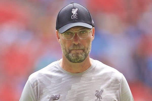 LONDON, ENGLAND - Sunday, August 4, 2019: Liverpool's manager Jürgen Klopp during the pre-match warm-up before the FA Community Shield match between Manchester City FC and Liverpool FC at Wembley Stadium. (Pic by David Rawcliffe/Propaganda)