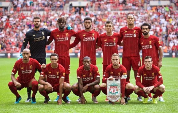 LONDON, ENGLAND - Sunday, August 4, 2019: Liverpool's players line-up for a team group photograph before the FA Community Shield match between Manchester City FC and Liverpool FC at Wembley Stadium. (Pic by David Rawcliffe/Propaganda)