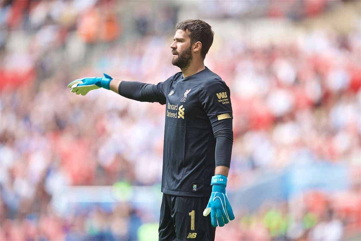 LONDON, ENGLAND - Sunday, August 4, 2019: Liverpool's goalkeeper Alisson Becker during the FA Community Shield match between Manchester City FC and Liverpool FC at Wembley Stadium. (Pic by David Rawcliffe/Propaganda)