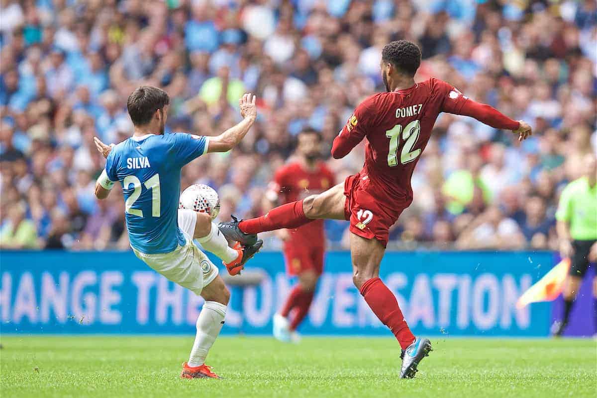 LONDON, ENGLAND - Sunday, August 4, 2019: Liverpool's Joe Gomez (R) tackles Manchester City's David Silva during the FA Community Shield match between Manchester City FC and Liverpool FC at Wembley Stadium. (Pic by David Rawcliffe/Propaganda)