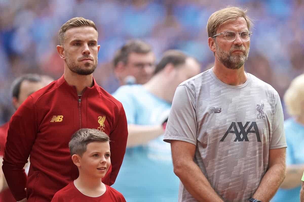 LONDON, ENGLAND - Sunday, August 4, 2019: Liverpool's captain Jordan Henderson (L) and manager Jürgen Klopp before the FA Community Shield match between Manchester City FC and Liverpool FC at Wembley Stadium. (Pic by David Rawcliffe/Propaganda)