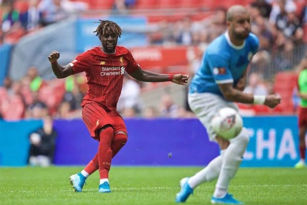 LONDON, ENGLAND - Sunday, August 4, 2019: Liverpool's Divock Origi shoots during the FA Community Shield match between Manchester City FC and Liverpool FC at Wembley Stadium. (Pic by David Rawcliffe/Propaganda)