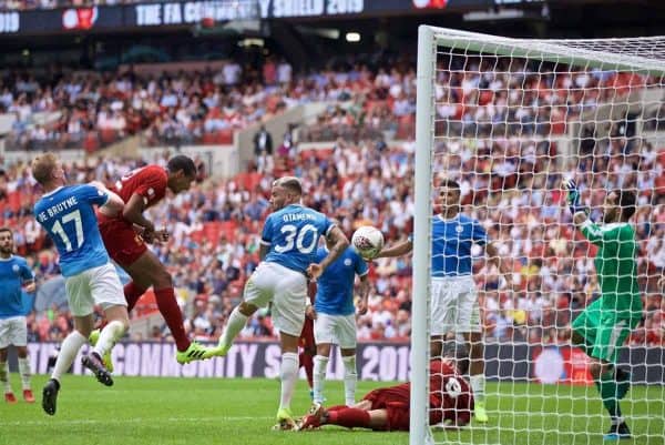 LONDON, ENGLAND - Sunday, August 4, 2019: Liverpool's Joel Matip scores the first equalising goal during the FA Community Shield match between Manchester City FC and Liverpool FC at Wembley Stadium. (Pic by David Rawcliffe/Propaganda)