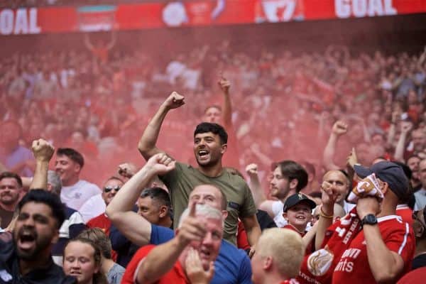 LONDON, ENGLAND - Sunday, August 4, 2019: Liverpool supporters celebrate the first equalising goal during the FA Community Shield match between Manchester City FC and Liverpool FC at Wembley Stadium. (Pic by David Rawcliffe/Propaganda)