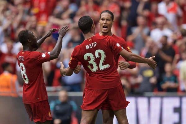 LONDON, ENGLAND - Sunday, August 4, 2019: Liverpool's Joel Matip celebrates scoring the first equalising goal with team-mate Virgil van Dijk during the FA Community Shield match between Manchester City FC and Liverpool FC at Wembley Stadium. (Pic by David Rawcliffe/Propaganda)