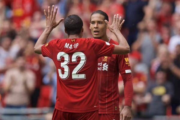 LONDON, ENGLAND - Sunday, August 4, 2019: Liverpool's Joel Matip celebrates scoring the first equalising goal with team-mate Virgil van Dijk during the FA Community Shield match between Manchester City FC and Liverpool FC at Wembley Stadium. (Pic by David Rawcliffe/Propaganda)