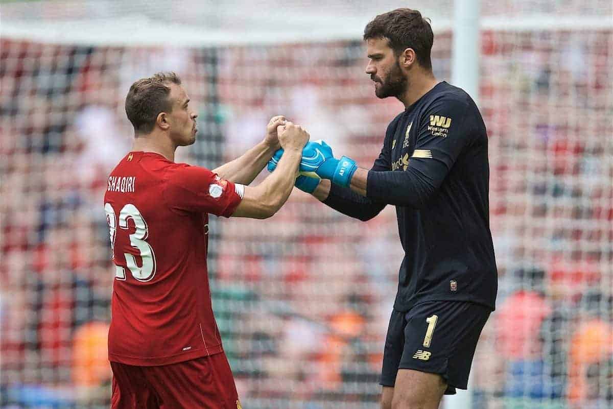 LONDON, ENGLAND - Sunday, August 4, 2019: Liverpool's Xherdan Shaqiri and goalkeeper Alisson Becker fist pump after the opening penalty kick of the shoot out during the FA Community Shield match between Manchester City FC and Liverpool FC at Wembley Stadium. Manchester City won 5-4 on penalties after a 1-1 draw. (Pic by David Rawcliffe/Propaganda)