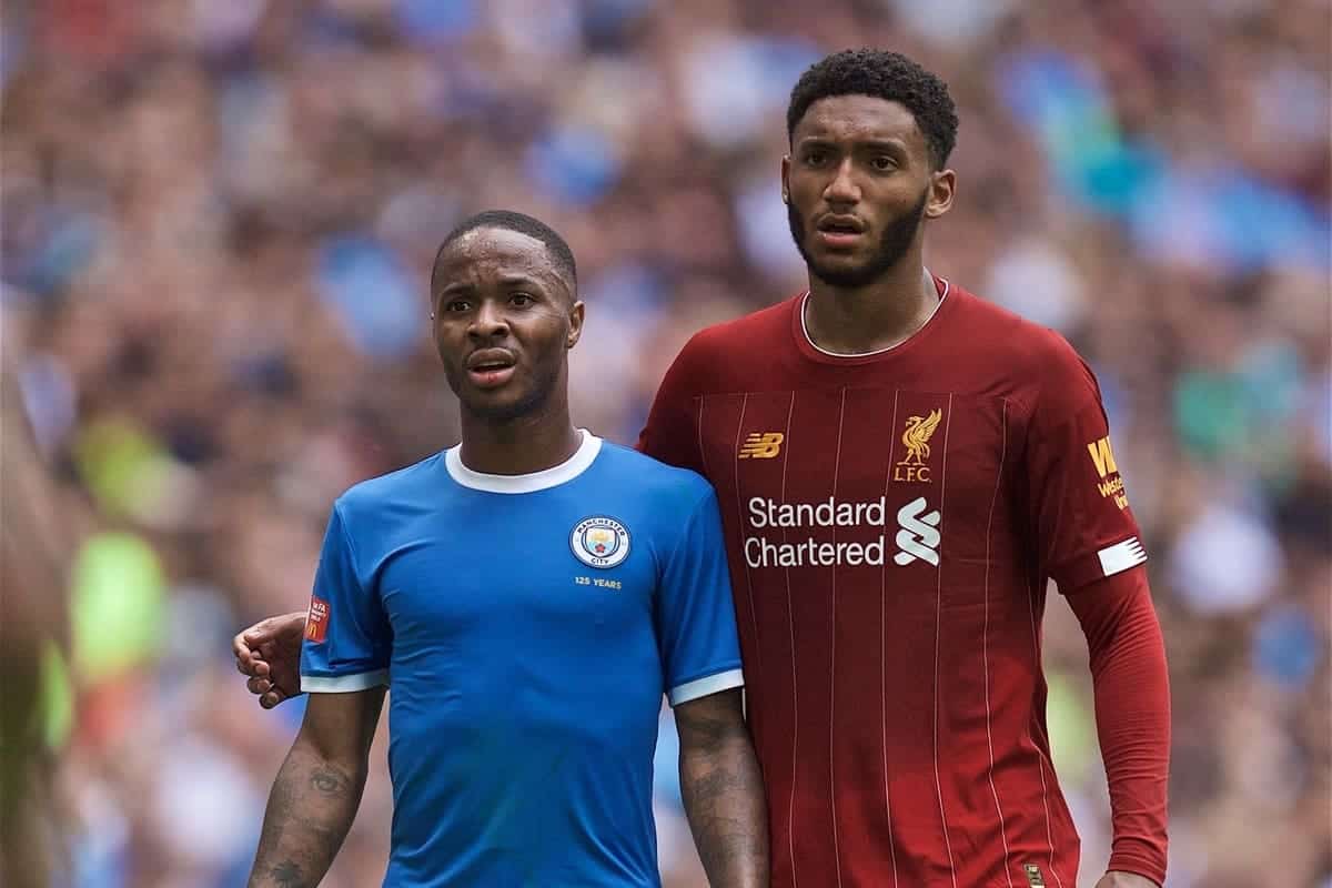 LONDON, ENGLAND - Sunday, August 4, 2019: Liverpool's Joe Gomez (R) and Manchester City's Raheem Sterling during the FA Community Shield match between Manchester City FC and Liverpool FC at Wembley Stadium. (Pic by David Rawcliffe/Propaganda)