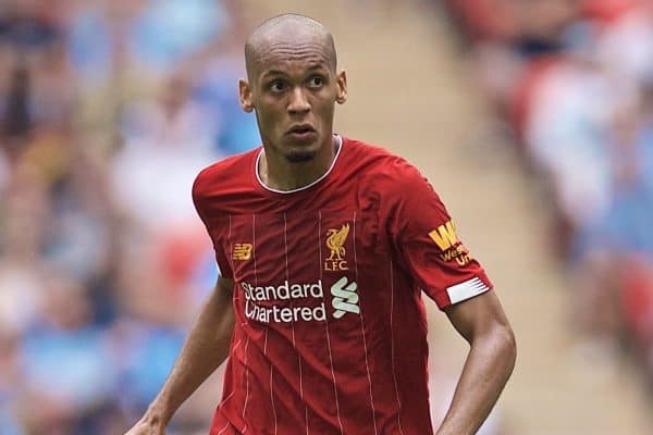 LONDON, ENGLAND - Sunday, August 4, 2019: Liverpool's Fabio Henrique Tavares 'Fabinho' during the FA Community Shield match between Manchester City FC and Liverpool FC at Wembley Stadium. (Pic by David Rawcliffe/Propaganda)