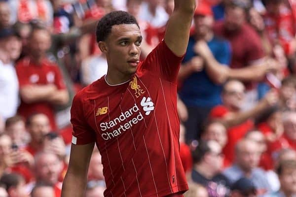 LONDON, ENGLAND - Sunday, August 4, 2019: Liverpool's Trent Alexander-Arnold prepares to take a corner-kick during the FA Community Shield match between Manchester City FC and Liverpool FC at Wembley Stadium. (Pic by David Rawcliffe/Propaganda)