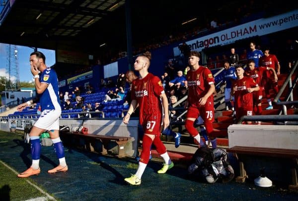 OLDHAM, ENGLAND - Wednesday, August 7, 2019: Liverpool's Harvey Elliot walks out to make his debut during the English Football League Trophy Northern Group B match between Oldham Athletic AFC and Liverpool FC at Boundary Park. (Pic by David Rawcliffe/Propaganda)