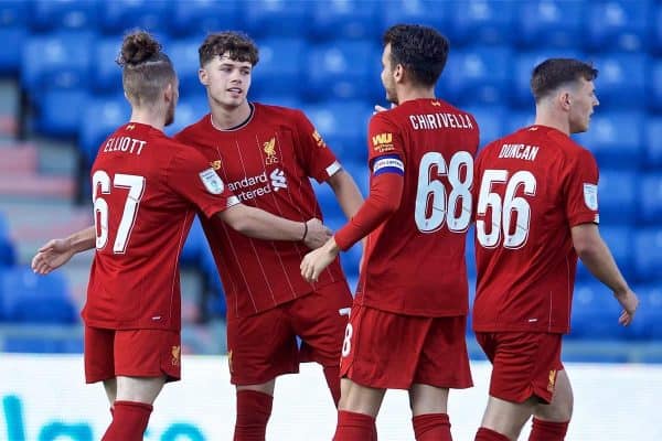 OLDHAM, ENGLAND - Wednesday, August 7, 2019: Liverpool's Neco Williams (2nd L) celebrates scoring the first goal with team-mates Harvey Elliott (L) and Pedro Chirivella (R) during the English Football League Trophy Northern Group B match between Oldham Athletic AFC and Liverpool FC at Boundary Park. (Pic by David Rawcliffe/Propaganda)
