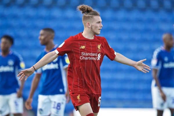 OLDHAM, ENGLAND - Wednesday, August 7, 2019: Liverpool's Harvey Elliott celebrates after scoring the second goal to equalise the score at 2-2 during the English Football League Trophy Northern Group B match between Oldham Athletic AFC and Liverpool FC at Boundary Park. (Pic by David Rawcliffe/Propaganda)