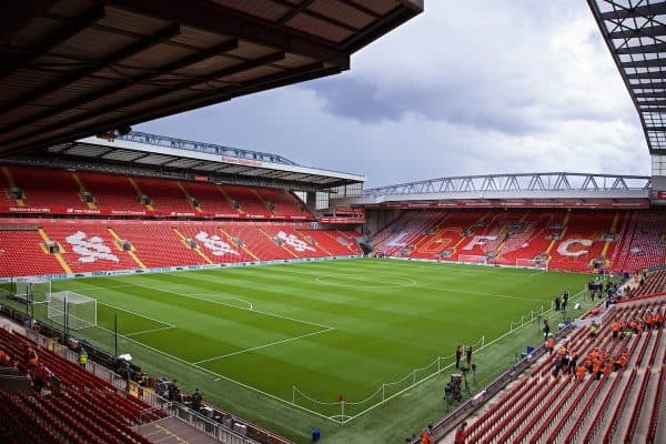 LIVERPOOL, ENGLAND - Friday, August 9, 2019: A mosaic on the Spion Kop featuring an image of the European Cup and the number six to celebrate Liverpool being crowned Champions of Europe for the sixth after winning the Champions League last season, pictured before the opening FA Premier League match of the season between Liverpool FC and Norwich City FC at Anfield. (Pic by David Rawcliffe/Propaganda)