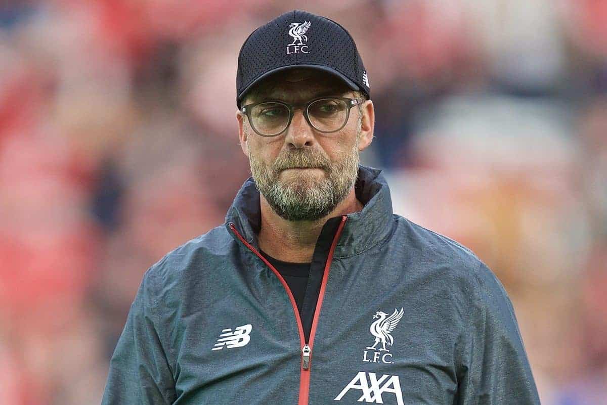 LIVERPOOL, ENGLAND - Friday, August 9, 2019: Liverpool's manager Jürgen Klopp during the pre-match warm-up before the opening FA Premier League match of the season between Liverpool FC and Norwich City FC at Anfield. (Pic by David Rawcliffe/Propaganda)