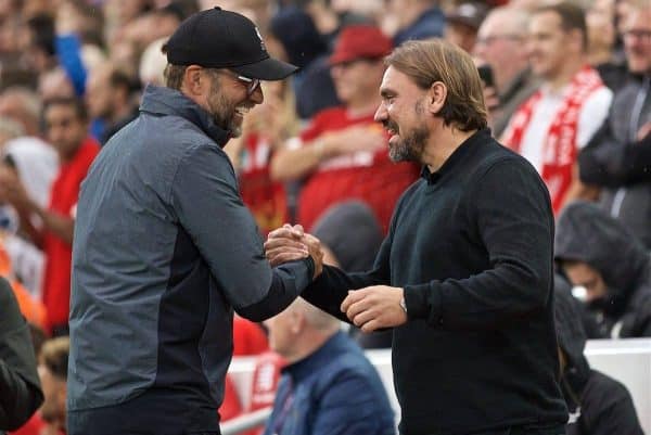 LIVERPOOL, ENGLAND - Friday, August 9, 2019: Liverpool's manager Jürgen Klopp and Norwich City's head coach Daniel Farke during the opening FA Premier League match of the season between Liverpool FC and Norwich City FC at Anfield. (Pic by David Rawcliffe/Propaganda)