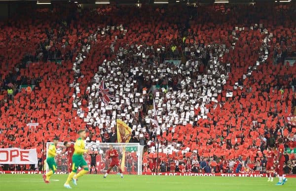 LIVERPOOL, ENGLAND - Friday, August 9, 2019: Liverpool supporters form a mosaic of a European Cup before the opening FA Premier League match of the season between Liverpool FC and Norwich City FC at Anfield. (Pic by David Rawcliffe/Propaganda)