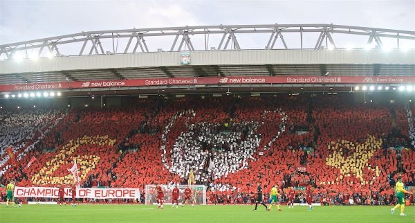 LIVERPOOL, ENGLAND - Friday, August 9, 2019: Liverpool supporters form a mosaic of a European Cup before the opening FA Premier League match of the season between Liverpool FC and Norwich City FC at Anfield. (Pic by David Rawcliffe/Propaganda)