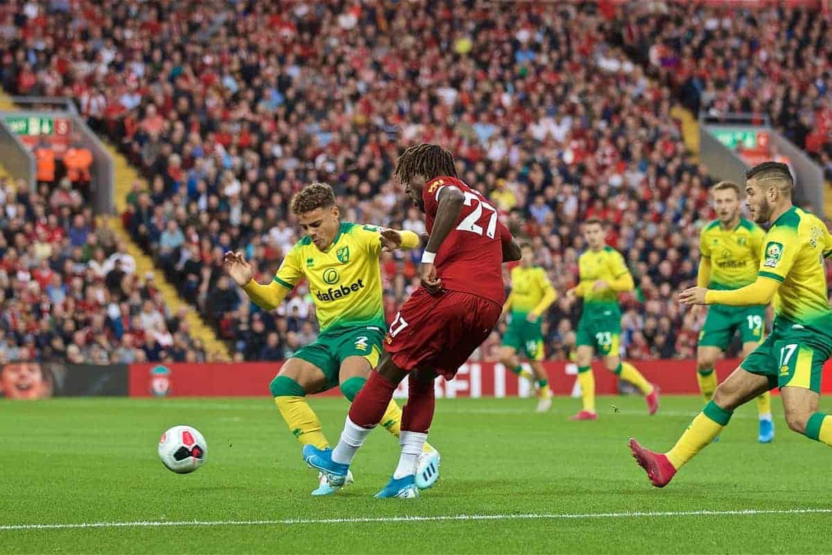 LIVERPOOL, ENGLAND - Friday, August 9, 2019: Liverpool's Divock Origi crosses the ball to force the opening goal, an own goal, during the opening FA Premier League match of the season between Liverpool FC and Norwich City FC at Anfield. (Pic by David Rawcliffe/Propaganda)