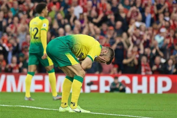 LIVERPOOL, ENGLAND - Friday, August 9, 2019: Norwich City's Grant Hanley reacts after scoring an own goal during the opening FA Premier League match of the season between Liverpool FC and Norwich City FC at Anfield. (Pic by David Rawcliffe/Propaganda)