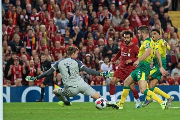 LIVERPOOL, ENGLAND - Friday, August 9, 2019: Liverpool's Mohamed Salah scores the second goal during the opening FA Premier League match of the season between Liverpool FC and Norwich City FC at Anfield. (Pic by David Rawcliffe/Propaganda)