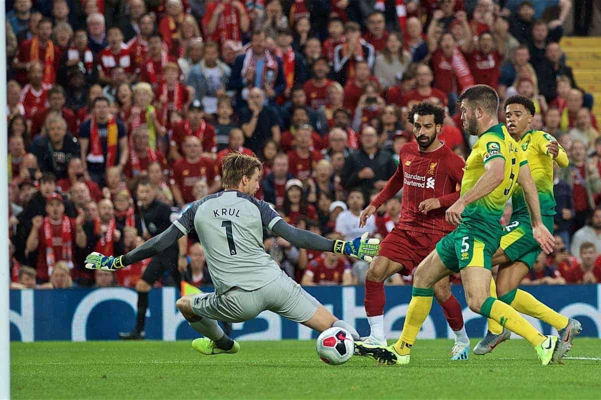 LIVERPOOL, ENGLAND - Friday, August 9, 2019: Liverpool's Mohamed Salah scores the second goal during the opening FA Premier League match of the season between Liverpool FC and Norwich City FC at Anfield. (Pic by David Rawcliffe/Propaganda)