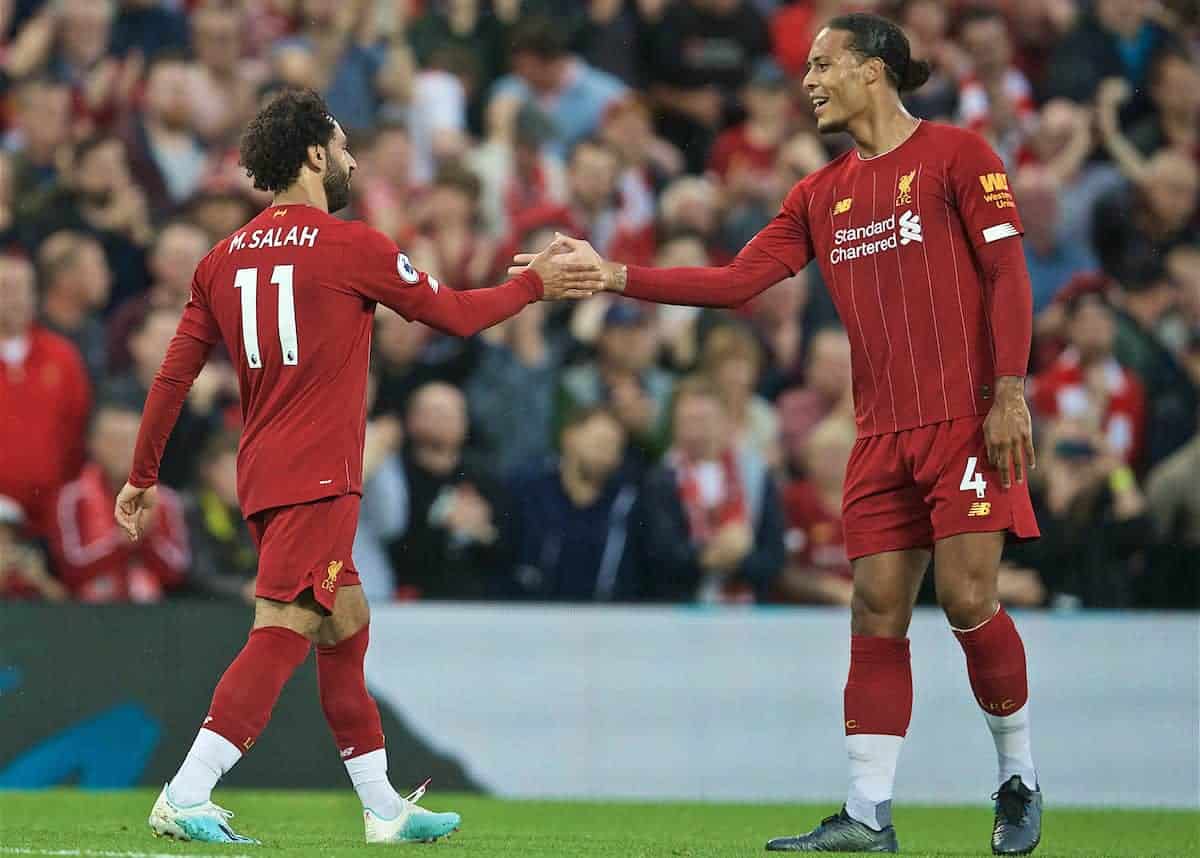 LIVERPOOL, ENGLAND - Friday, August 9, 2019: Liverpool's Mohamed Salah (L) celebrates scoring the second goal with team-mate Virgil van Dijk during the opening FA Premier League match of the season between Liverpool FC and Norwich City FC at Anfield. (Pic by David Rawcliffe/Propaganda)