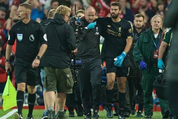 LIVERPOOL, ENGLAND - Friday, August 9, 2019: Liverpool's goalkeeper Alisson Becker goes off injured during the opening FA Premier League match of the season between Liverpool FC and Norwich City FC at Anfield. (Pic by David Rawcliffe/Propaganda)