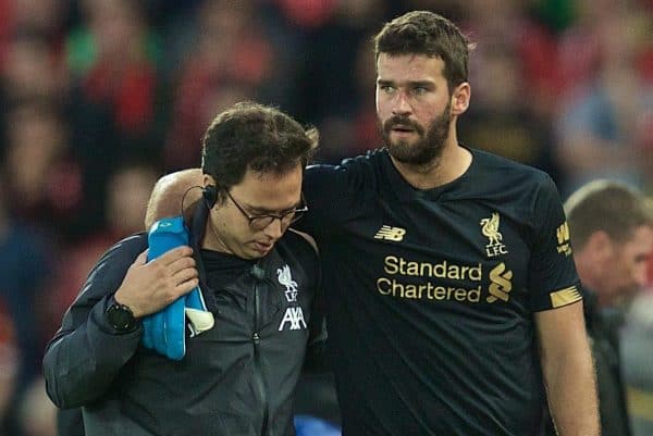 LIVERPOOL, ENGLAND - Friday, August 9, 2019: Liverpool's goalkeeper Alisson Becker goes off injured during the opening FA Premier League match of the season between Liverpool FC and Norwich City FC at Anfield. (Pic by David Rawcliffe/Propaganda)