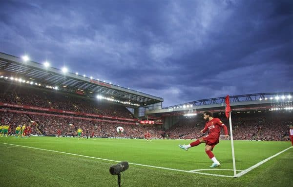 LIVERPOOL, ENGLAND - Friday, August 9, 2019: Liverpool's Mohamed Salah takes a corner-kick and sets-up the third goal during the opening FA Premier League match of the season between Liverpool FC and Norwich City FC at Anfield. (Pic by David Rawcliffe/Propaganda)